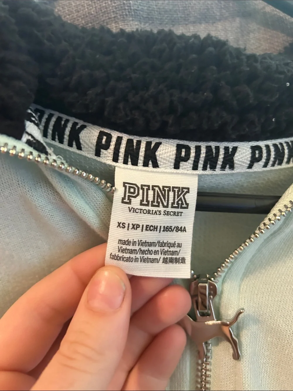 PINK Victoria's Secret Light Mint Quarter-Zip Pullover with Black Sherpa Collar - Picture 2 of 4